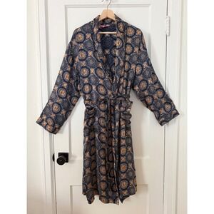 Lotus Village 100% Silk Robe Navy Blue Gold Dragon Medallion Wrap Kimono Women L
